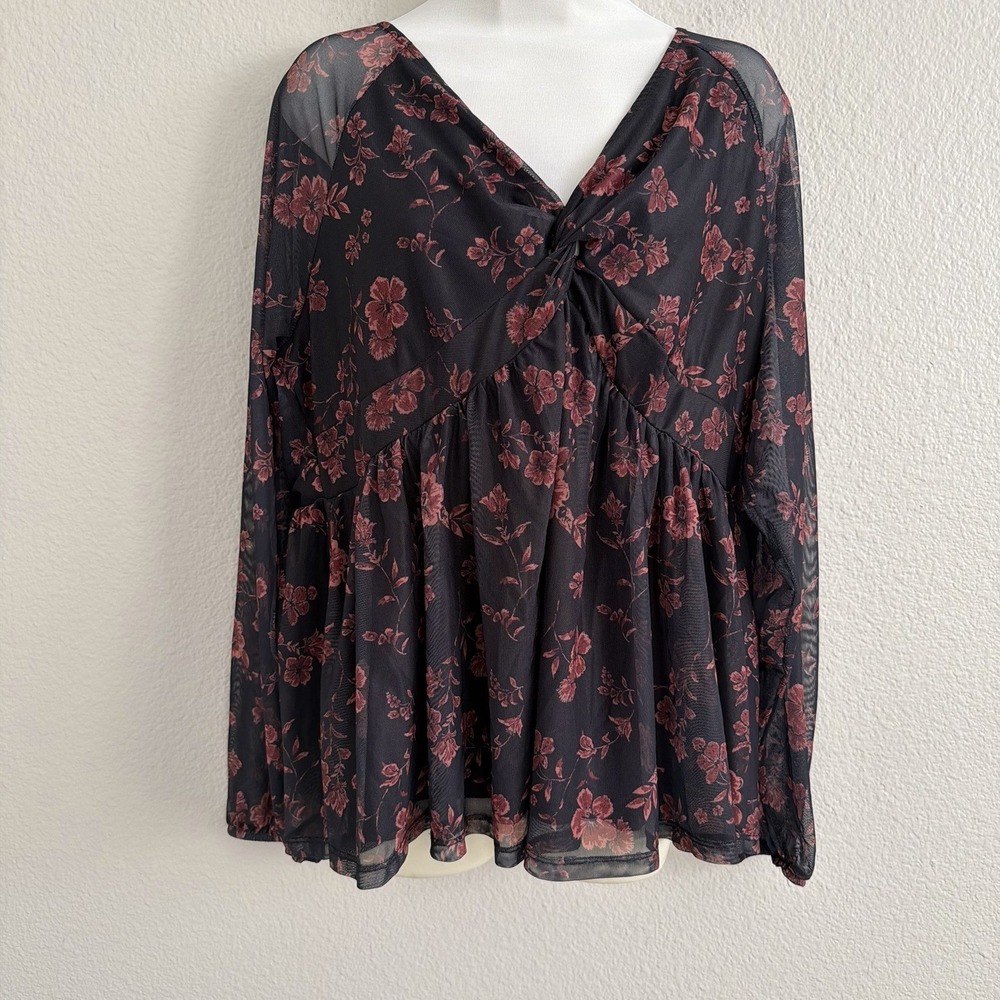 Maurices Women's XXL Sheer Floral Babydoll Blouse Dark Romantic Boho Peasant Top
